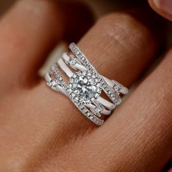 Halo Round Cut White Sapphire Insert Bridal Ring Sets For Women