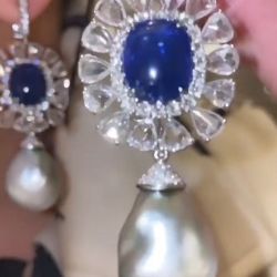 Double Halo Cabochon Sapphire & Pearl Drop Earrings