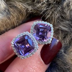 Halo Cushion Cut Amethyst Stud Earrings