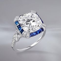 Art Deco Ring Cushion Blue & White Sapphire Engagement Ring