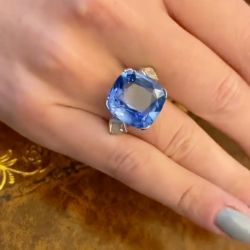 Three Stone Cushion Cut Blue Sapphire Engagement Ring