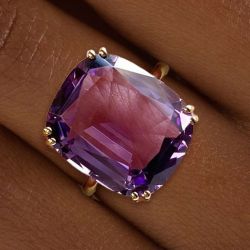 Golden Cushion Cut Purple Sapphire Solitaire Engagement Ring