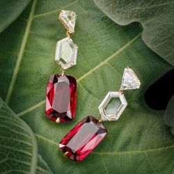 Golden Cushion Cut White & Red Sapphire Drop Earrings