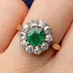 Two Tone Halo Round Cut Emerald Sapphire Engagement Ring