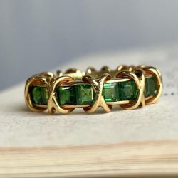 Golden  Cross Radiant Cut Emerald Eternity Wedding Band