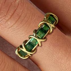 Golden  Cross Radiant Cut Emerald Eternity Wedding Band