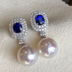 Halo Oval Cut Blue Sapphire & Pearl Drop Earrings For Women