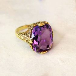 Vintage Golden Cushion Cut Purple Sapphire Engagement Ring