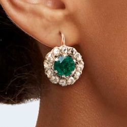 Two Tone Halo Round Cut Emerald Sapphire Drop Earrings