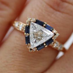 Halo Triangle Cut White & Blue Sapphire Engagement Ring