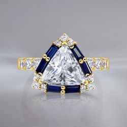 Halo Triangle Cut White & Blue Sapphire Engagement Ring