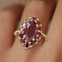 Golden Halo Marquise Cut Garnet Sapphire Engagement Ring