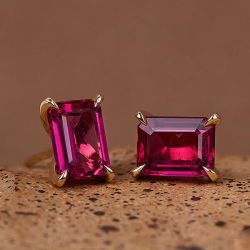 Golden Emerald Cut Ruby Sapphire Stud Earrings For Women