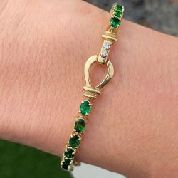 Golden Oval Cut Emerald Sapphire Tennis Bracelet For Women