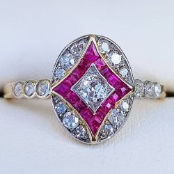 Art Deco Round Cut White & Ruby Sapphire Engagement Ring