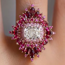 Art Deco Cushion Cut White & Ruby Sapphire Engagement Ring