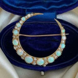 Golden Round Cut White Opal & Sapphire Brooch