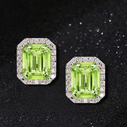 Classic Halo Peridot Sapphire Emerald Cut Stud Earrings