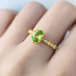 Golden Peridot Sapphire Oval Cut Engagement Ring For Women