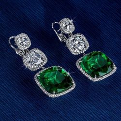 Classic Halo Emerald & White Sapphire Cushion Cut Drop Earrings For Women