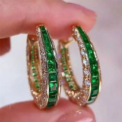 Golden Round & Emerald Cut Emerald Sapphire Hoop Earrings For Women
