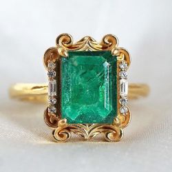 Art Deco Golden Emerald Sapphire Emerald Cut Engagement Ring For Women