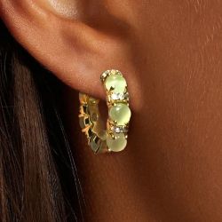 Golden Round Cut Peridot Cat's Eye Cabochon Sapphire Hoop Earrings For Women