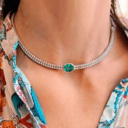 Double Draped Oval Cut Emerald Sapphire Pendant Necklace For Women