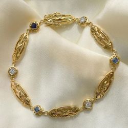 Golden Vintage Round & Asscher Cut White & Blue Sapphire Bracelet For Women