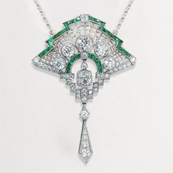 Art Deco Fan Design Cushion & Round Cut White Sapphire Pendant Necklace For Women