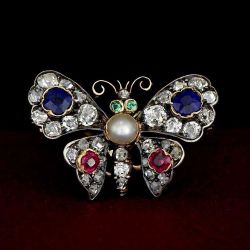 Vintage Two Tone Butterfly Round Cut Blue & Ruby Sapphire & Pearl Brooch For Women