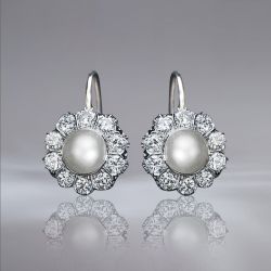 Vintage Halo Round Cut Pearl & White Sapphire Drop Earrings For Women