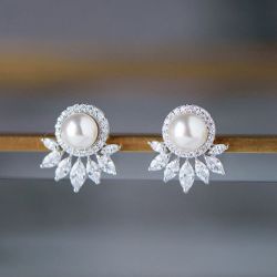 Unique Round & Marquise Cut Pearl & White Sapphire Stud Earrings For Women