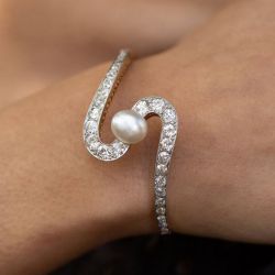 Unique Two Tone Round Cut Pearl & White Sapphire Bracelet For Women