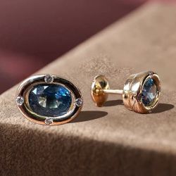 Vintage Golden Oval Cut Blue Sapphire Stud Earrings For Women