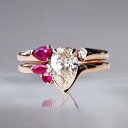 Rose Gold Pear Cut White & Ruby Sapphire Engagement Rings Sets For Women