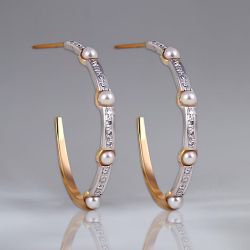 Two Tone Round Cut Pearl & White Sapphire Hoop Earrings For Women