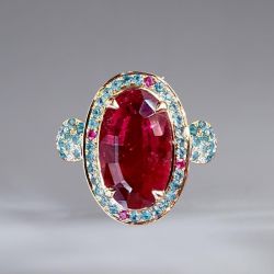 Art Deco Halo Ruby & Aquamarine Sapphire Oval Cut Engagement Ring