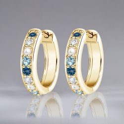 Golden Round Cut Pearl & White & Blue Topaz & Aquamarine Sapphire Hoop Earrings For Women