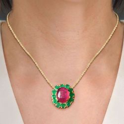 Golden Halo Oval Cut Ruby Sapphire Pendant Necklace For Women