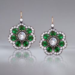 Two Tone Round Cut White & Emerald Sapphire Drop Earrings For Women