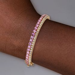 Golden Round Cut Pink & White Sapphire Bangle Bracelet For Women