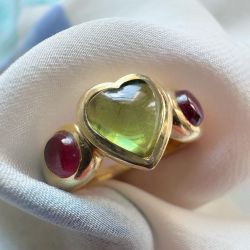 Golden Heart & Round Cut Peridot & Ruby Sapphire Engagement Ring For Women