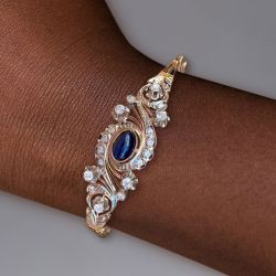 Art Deco Two Tone Oval Cut Blue Sapphire Bracelet For Women