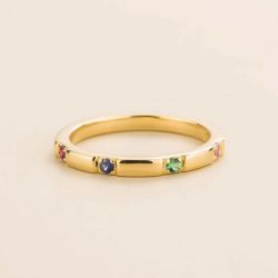 Golden Round Cut Ruby & Blue & Emerald & Pink Sapphire Wedding Band For Women