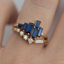 Golden Baguette & Round Cut Blue & White Sapphire Ring Sets For Women