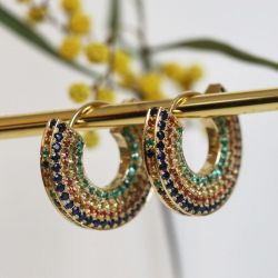 Golden Round Cut Blue & Cognac & Yellow & Emerald Sapphire Hoop Earrings For Women