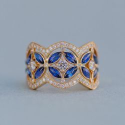 Golden Marquise & Round Cut Blue & White Sapphire Wedding Band For Women