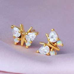 Golden Pear & Round Cut White Sapphire & Opal Butterfly Stud Earrings For Women