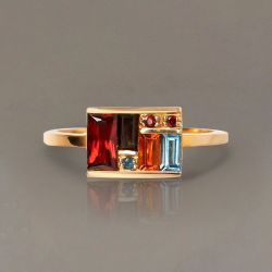 Golden Baguette Cut Garnet & Topaz & Orange & Brown Sapphire Cocktail Ring For Women